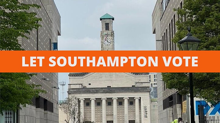 Southampton Guildhall with 'Let Southampton vote' overlaid