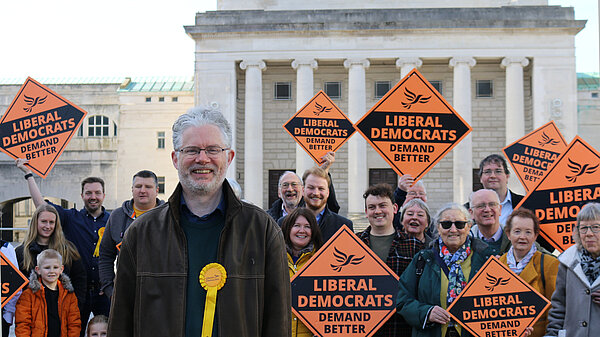 Richard with Lib Dem supporters outside Southampton Guildhall